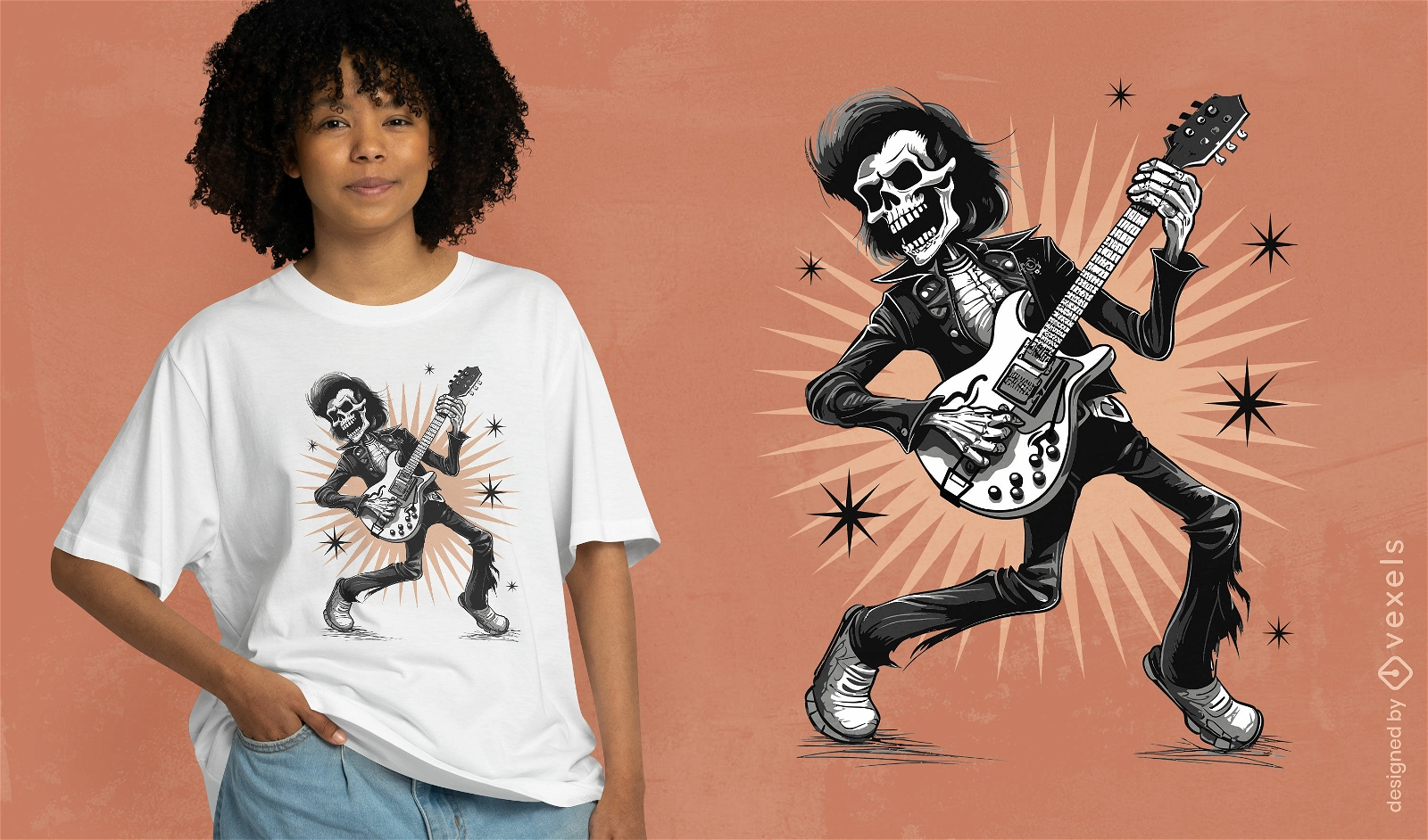 Design de camiseta esqueleto para guitarra elétrica