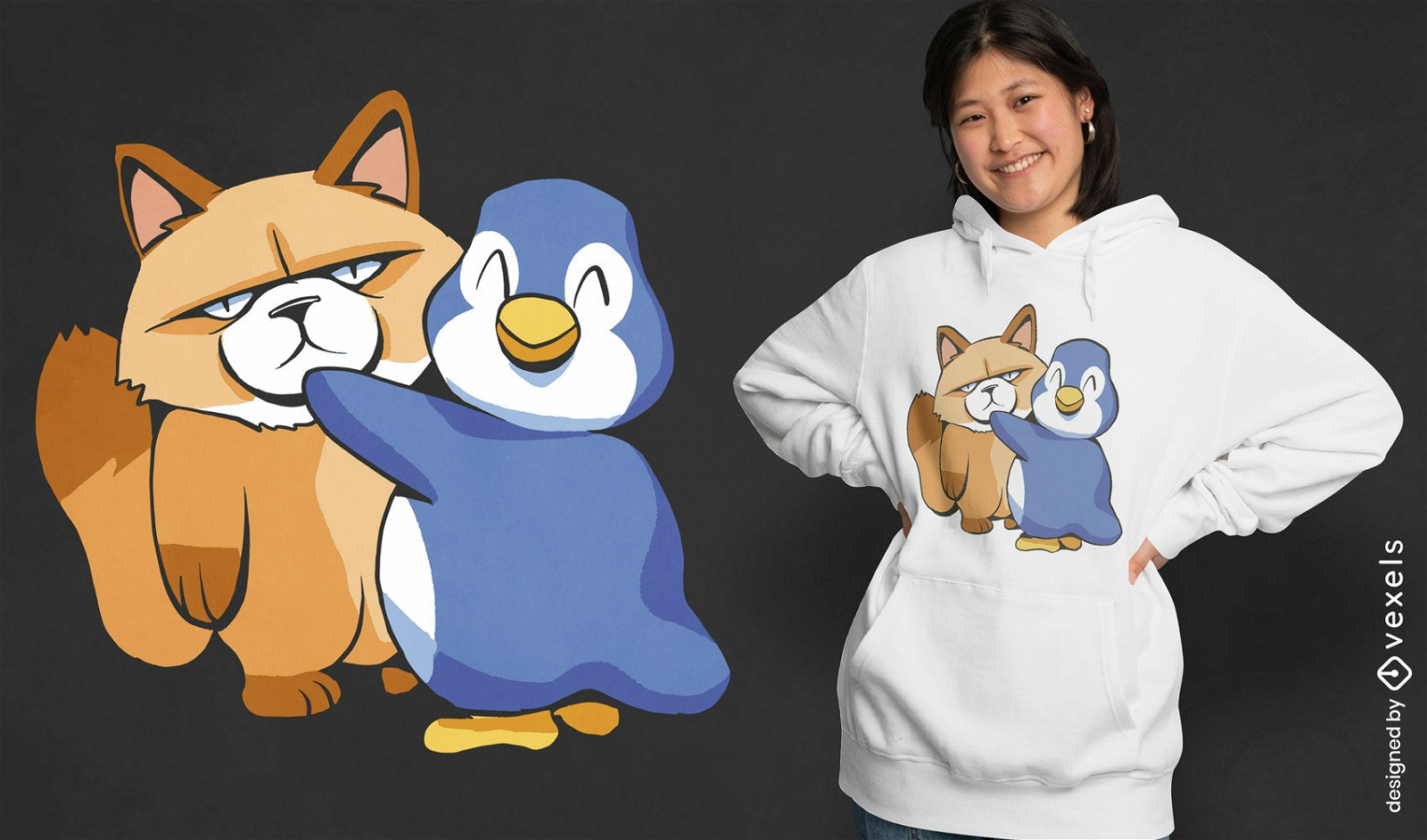 Diseño de camiseta de gato enojado y pingüino.