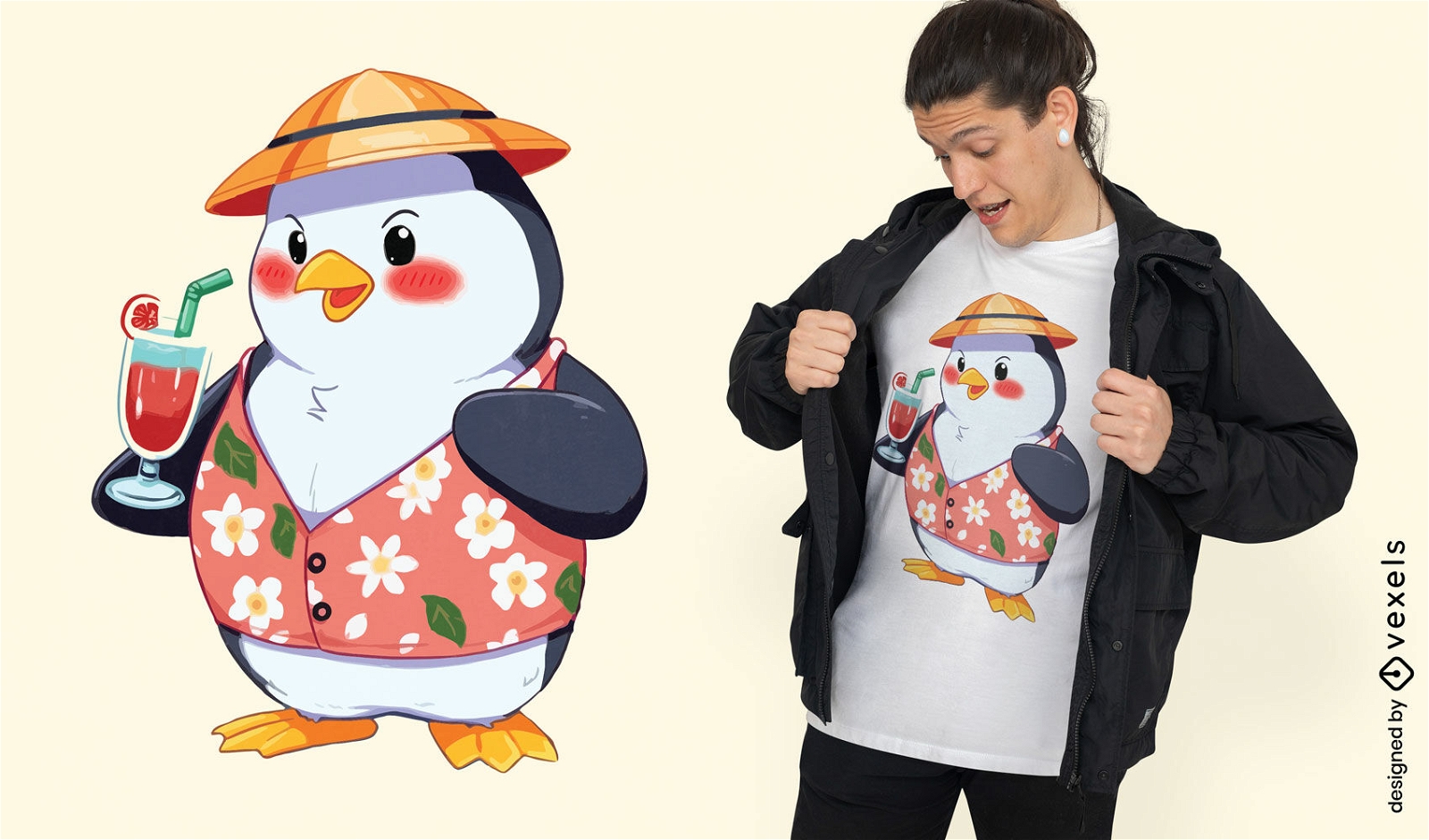 Diseño de camiseta de pingüino hawaiano.