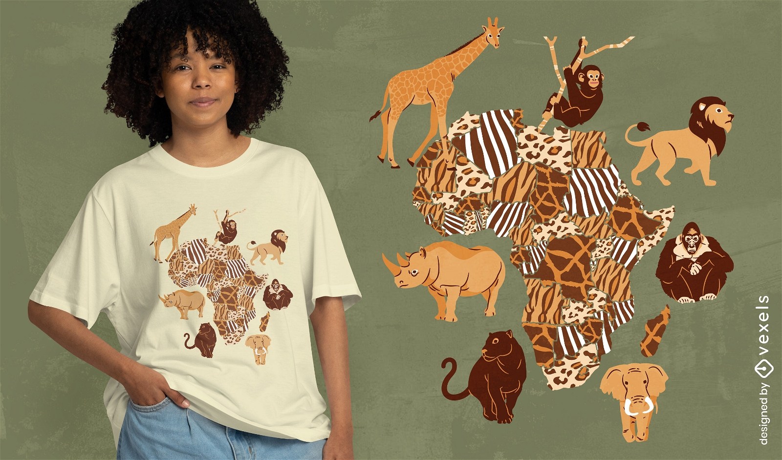 Design de camiseta com mapa de animais africanos