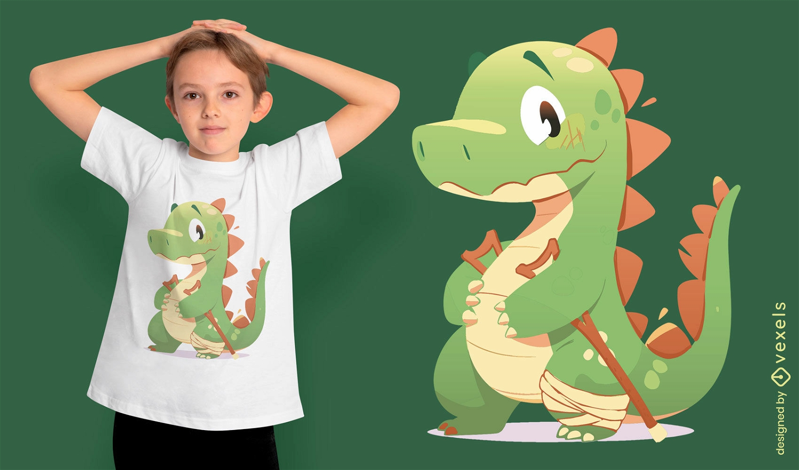 Diseño de camiseta de dinosaurio con muletas.