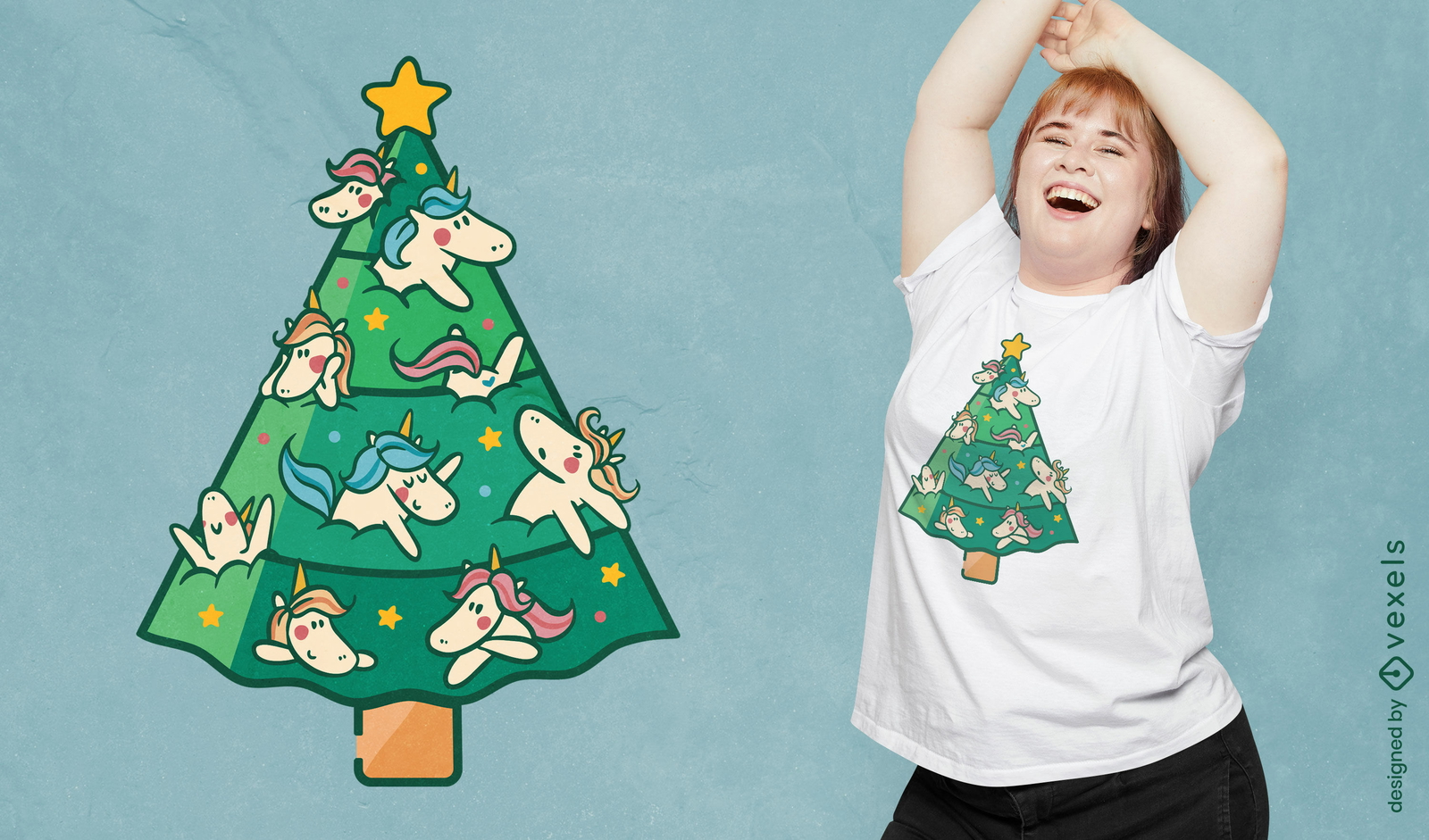 Diseño de camiseta de árbol de navidad con unicornios.