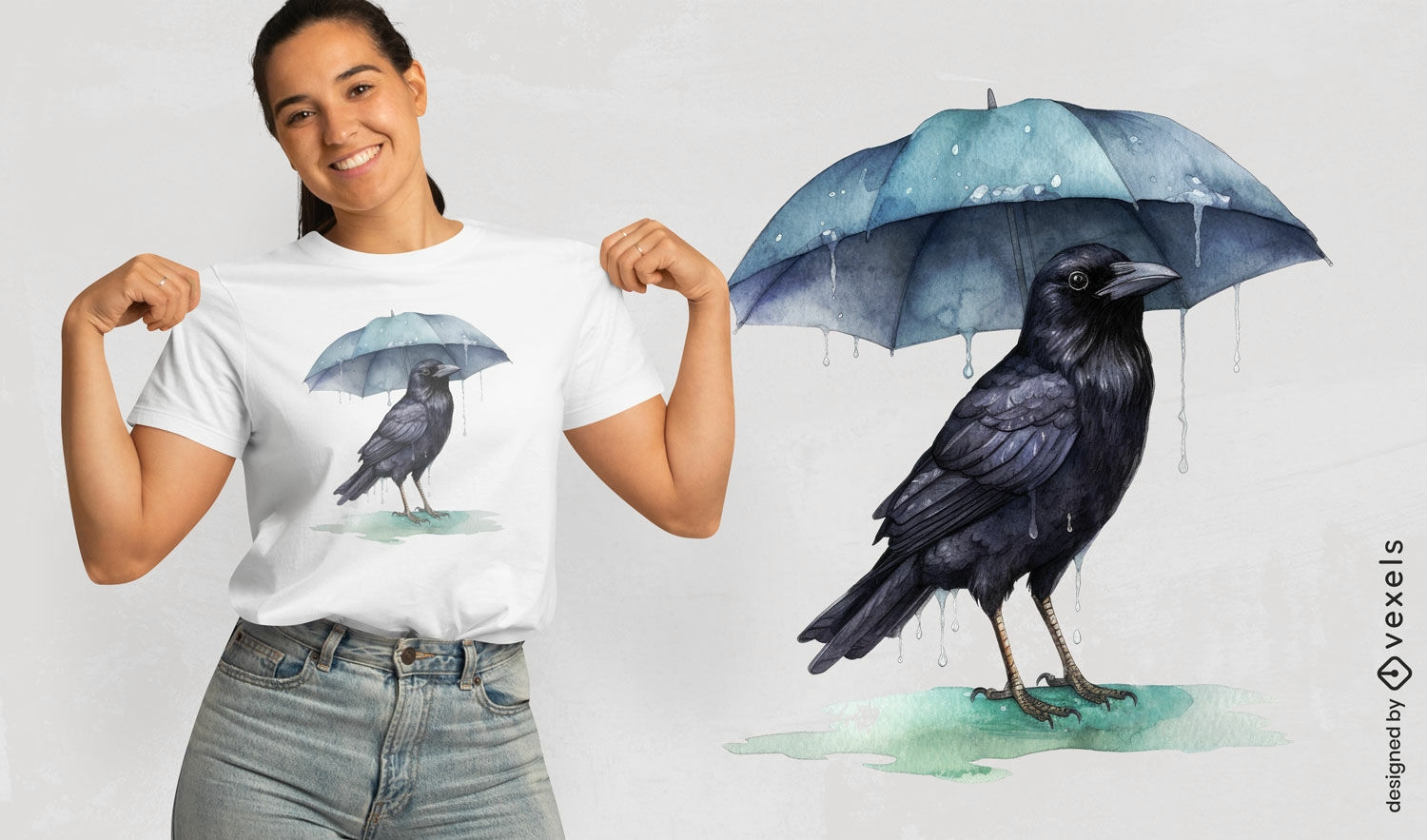 Dise?o de camiseta Cuervo bajo la lluvia.