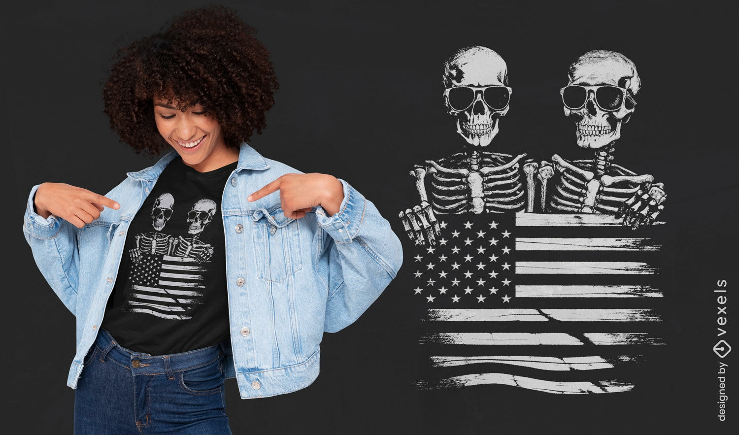 Esqueletos com design de camiseta com bandeira americana
