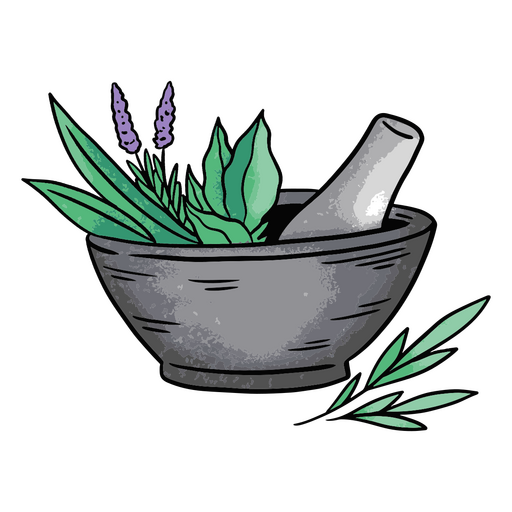 Stilvoller Mörser und Stößel mit Kräuter-Design PNG-Design