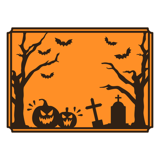 Cementerio de Halloween con calabazas y murciélagos sobre un fondo naranja Diseño PNG
