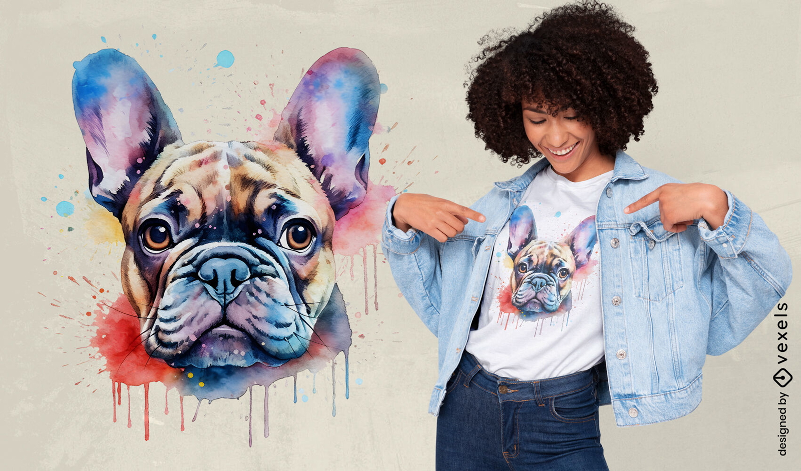 Diseño de camiseta de bulldog francés acuarela