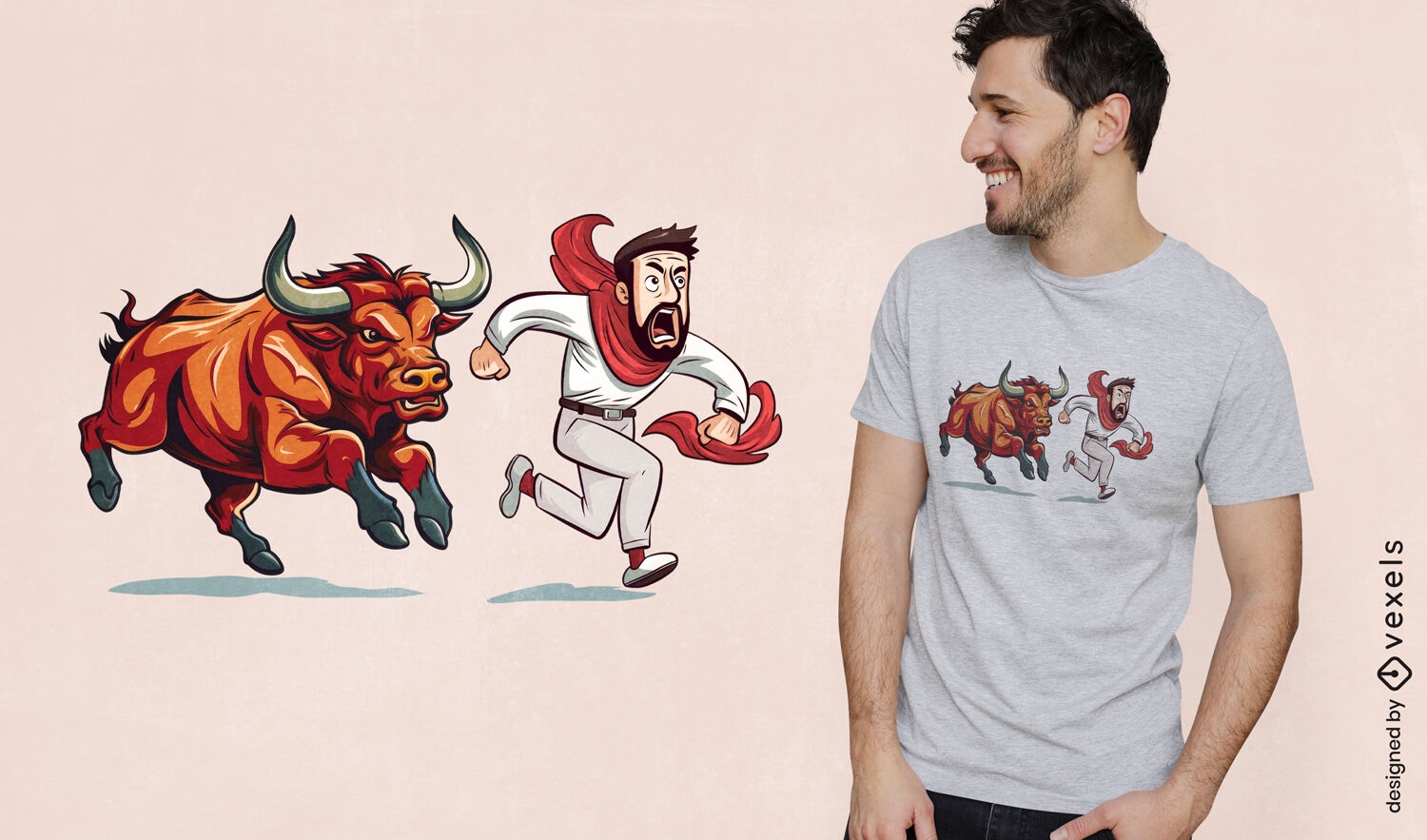 Diseño de camiseta con toros de San Fermín corriendo.