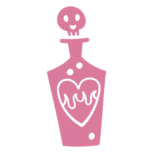 Botella rosa con calavera y coraz?n en su interior. Diseño PNG