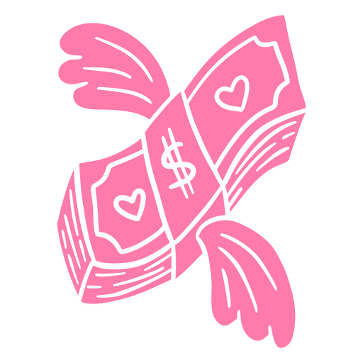 Billete de un dólar rosa con alas y corazones. Diseño PNG