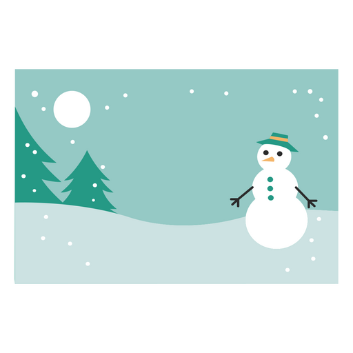 Alegre paisaje invernal con árboles cubiertos de nieve e ilustración de muñeco de nieve Diseño PNG