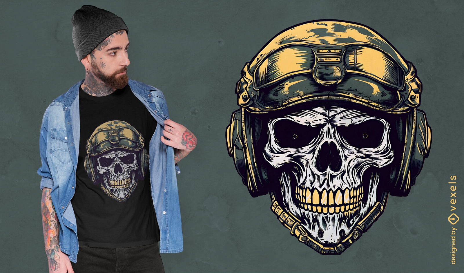 Crânio com design de camiseta de capacete militar
