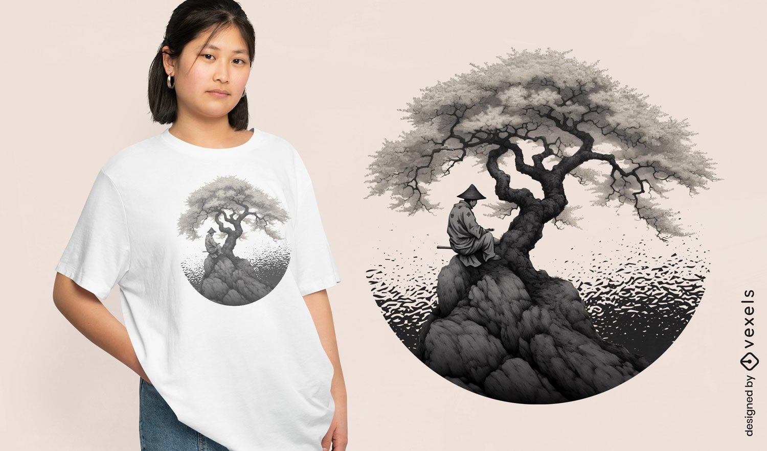 Diseño de camiseta de samurai y árbol de sakura japonés