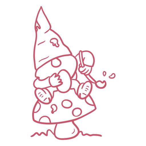Red drawing of a gnome holding a mushroom PNG Design