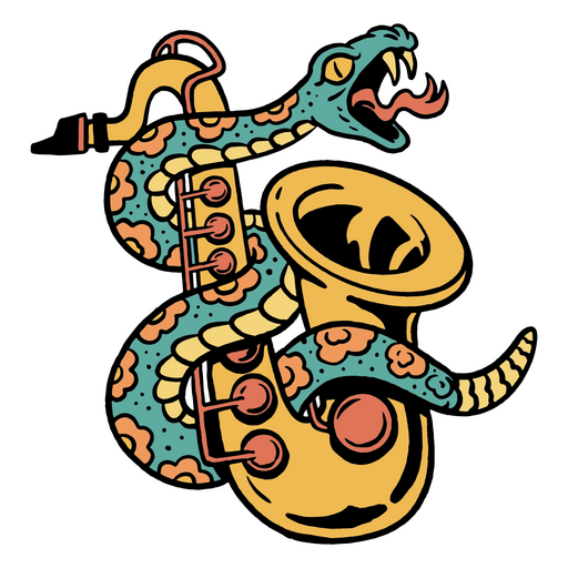 Saxofón con una serpiente. Diseño PNG