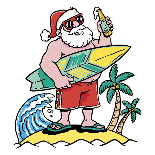 Papá Noel sosteniendo una tabla de surf en la playa. Diseño PNG