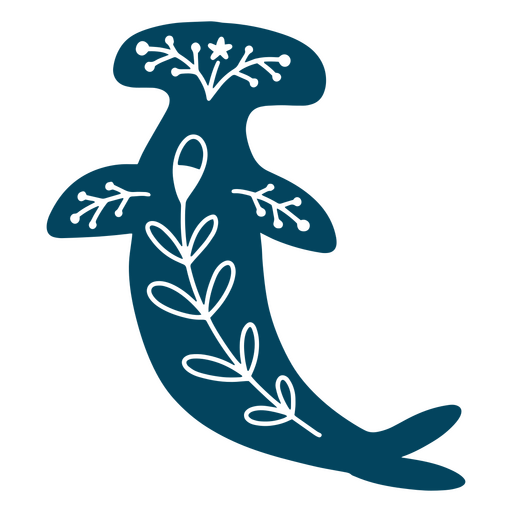 Dibujo azul de un pez con hojas. Diseño PNG