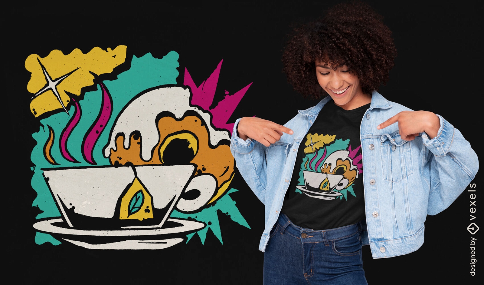 Design de camiseta com xícara de chá e donut