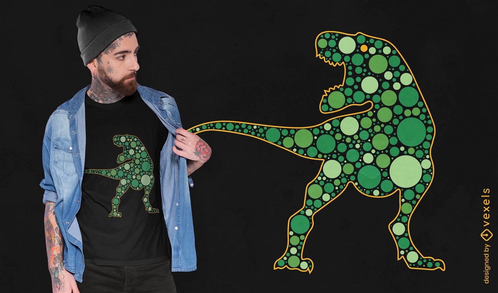 Diseño de camiseta t-rex con puntos verdes.