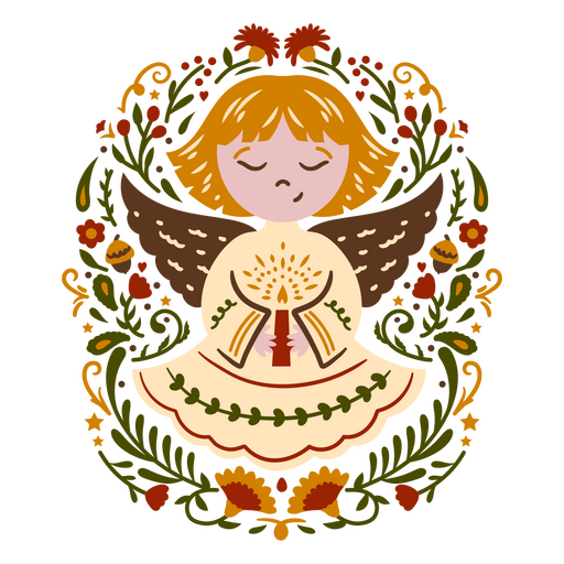 Design delicado de anjo com detalhes de vela e flores. Desenho PNG