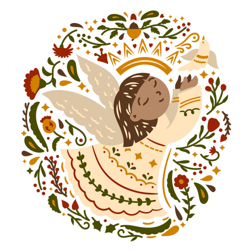 Whimsical angel illustration with flowers and a bird PNG Design