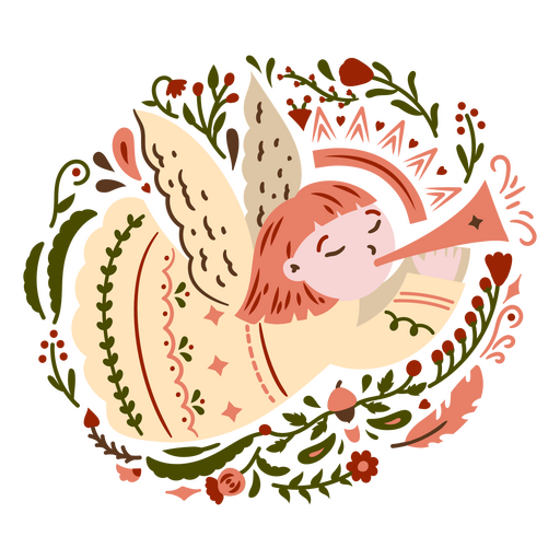 Charming angel illustration with trumpet and floral accents PNG Design