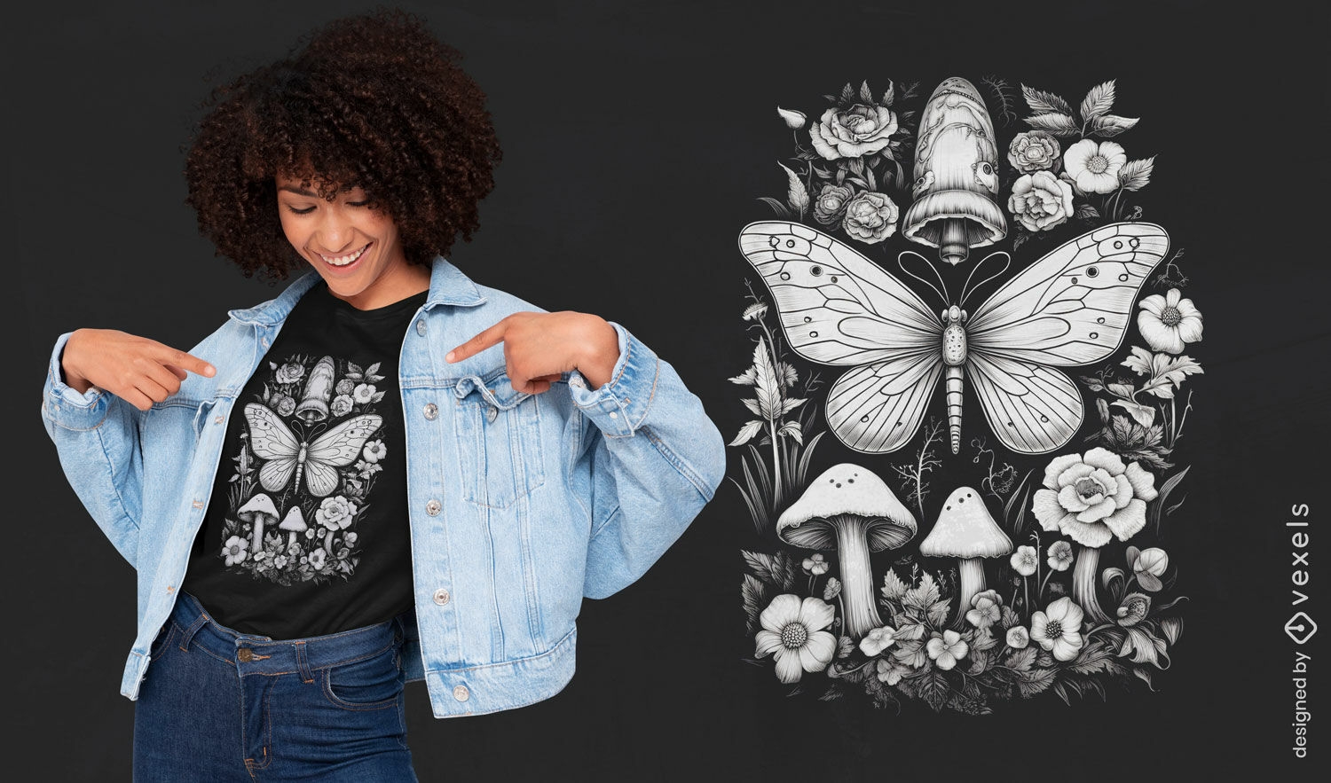 Design extravagante de camiseta com mariposa cottagecore
