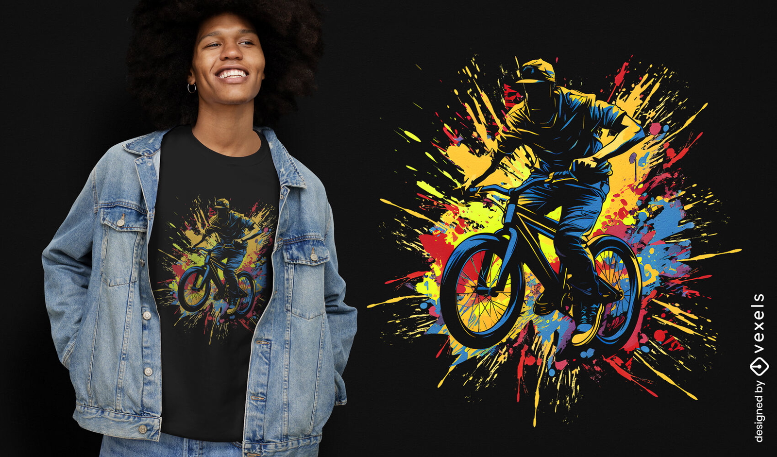 Diseño de camiseta de salpicaduras de pintura BMX Biker