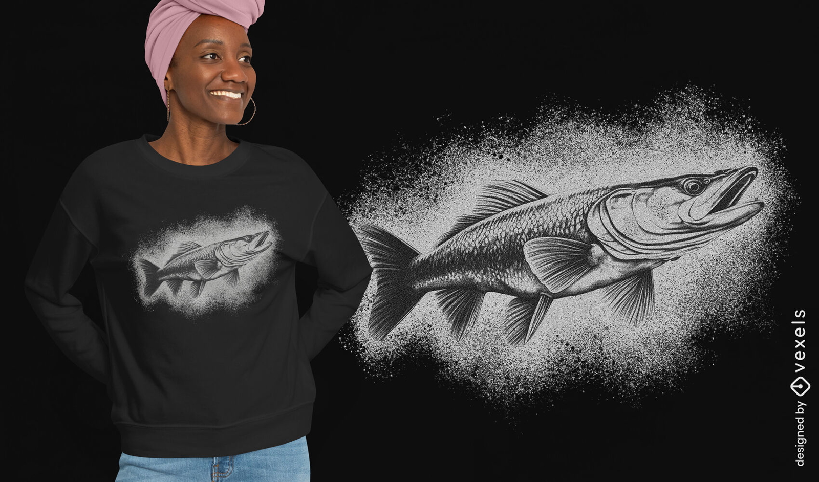 Realistic pike fish black & white t-shirt design