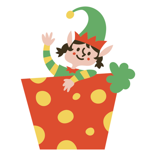 Elf in a gift box waving PNG Design