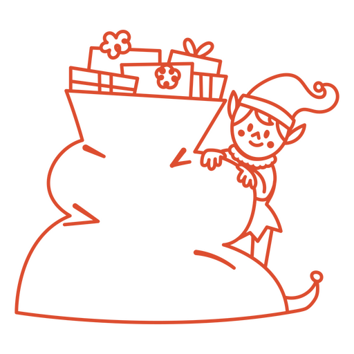 Playful christmas elf carrying a bag of presents PNG Design