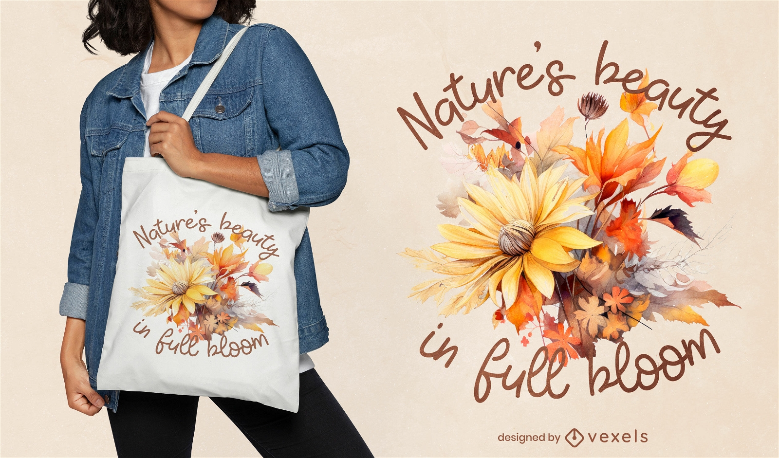Diseño de bolso de mano de naturaleza de flores de otoño.