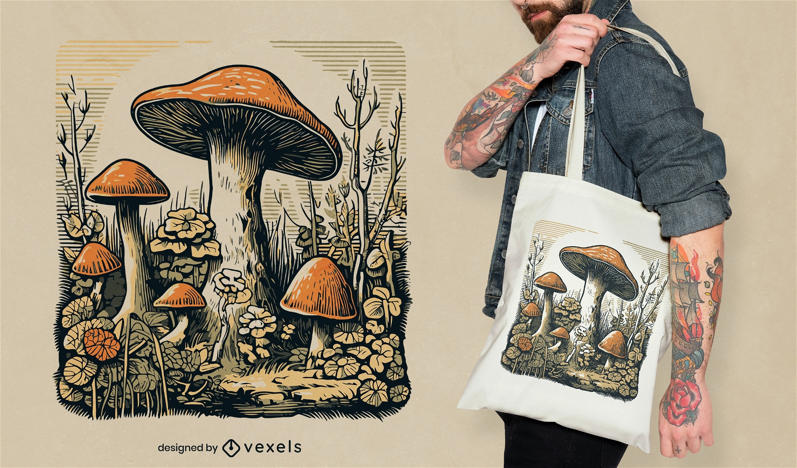 Design de sacola de natureza de jardim de cogumelos