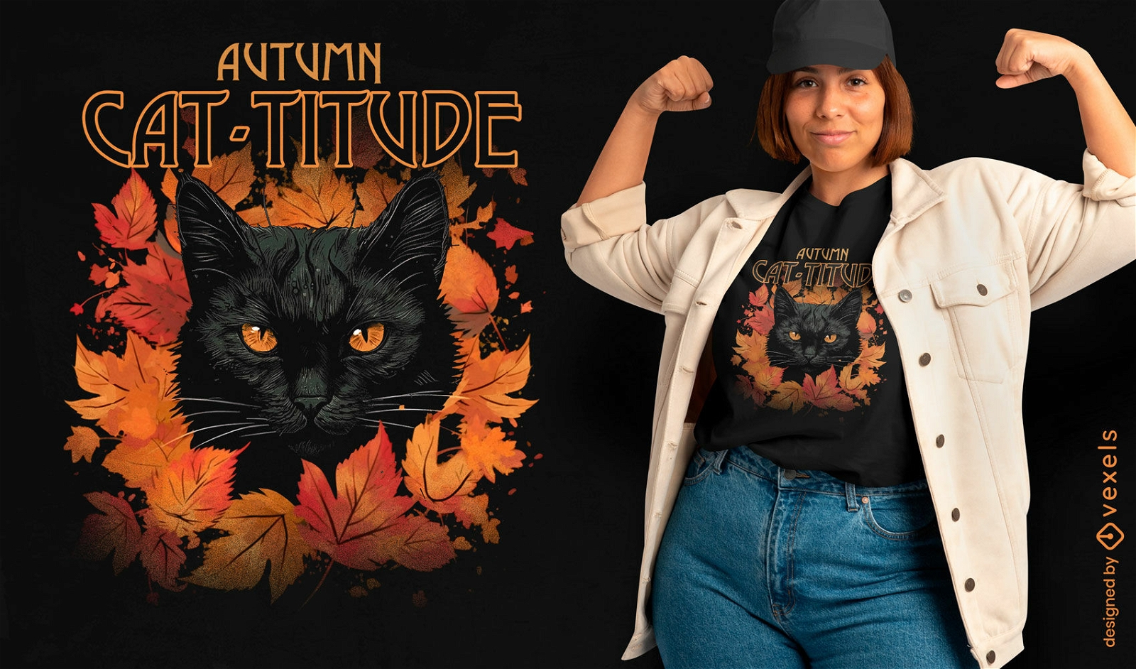 Schwarzes Katzentier mit Herbstlaub-T-Shirt PSD