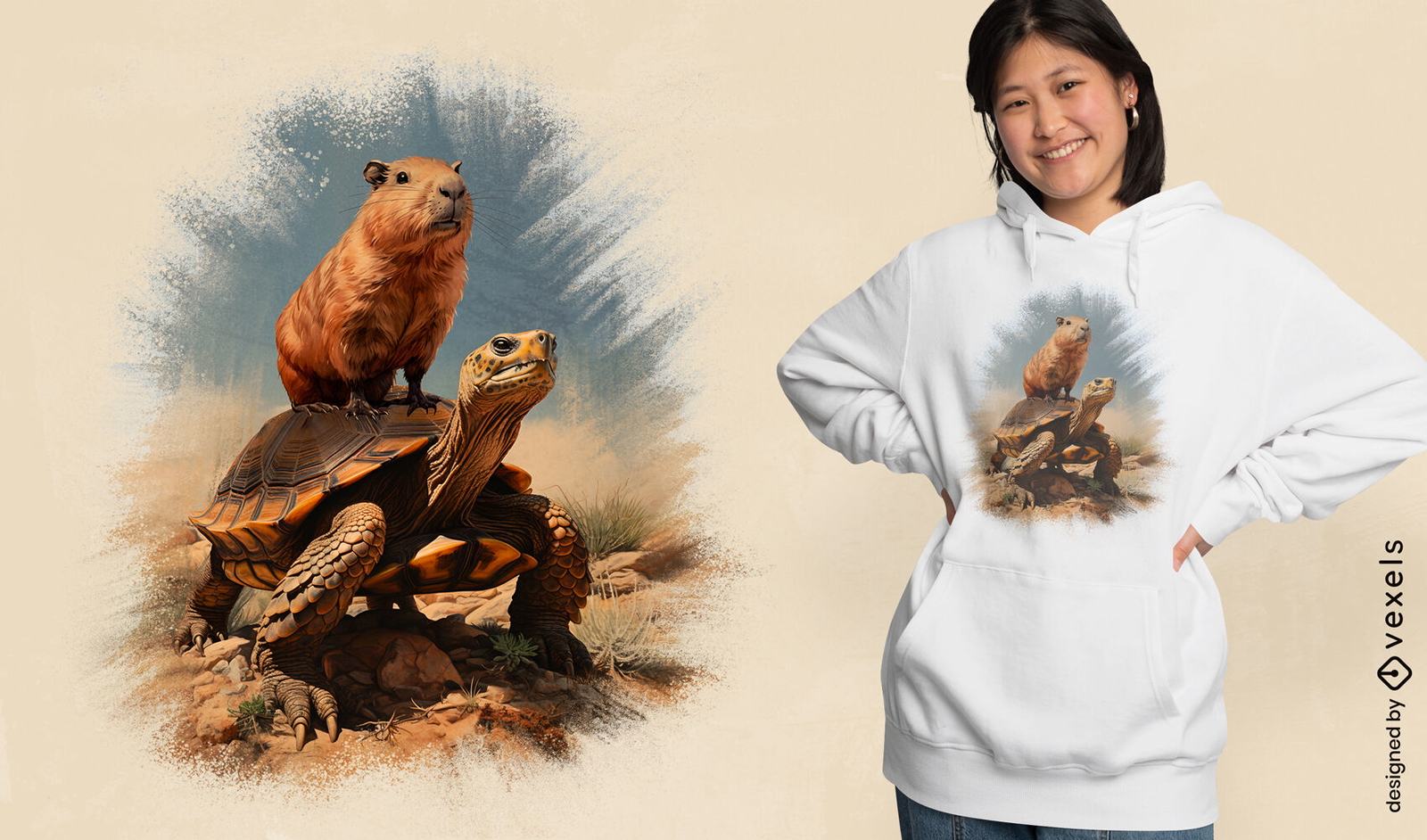 Diseño de camiseta de animales carpincho y tortuga.