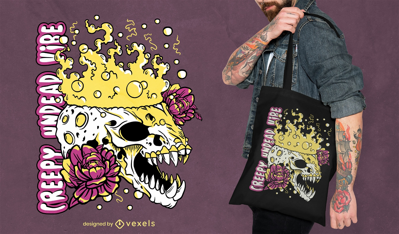 Creepy skull halloween tote bag design