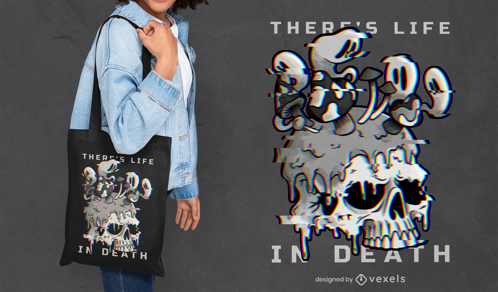 Skull with cartoon mushrooms tote bag design