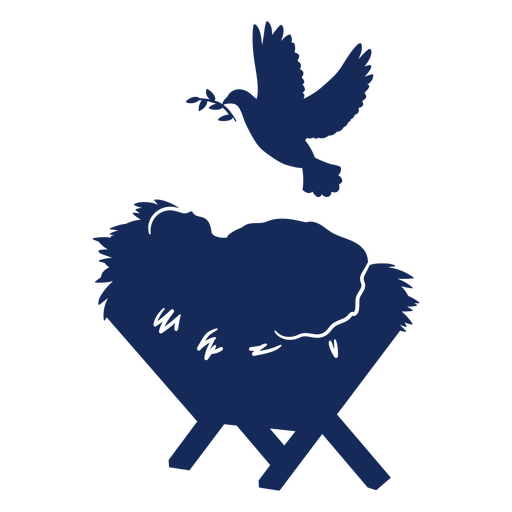 Silhouette of a baby in a manger with a dove flying over it PNG Design