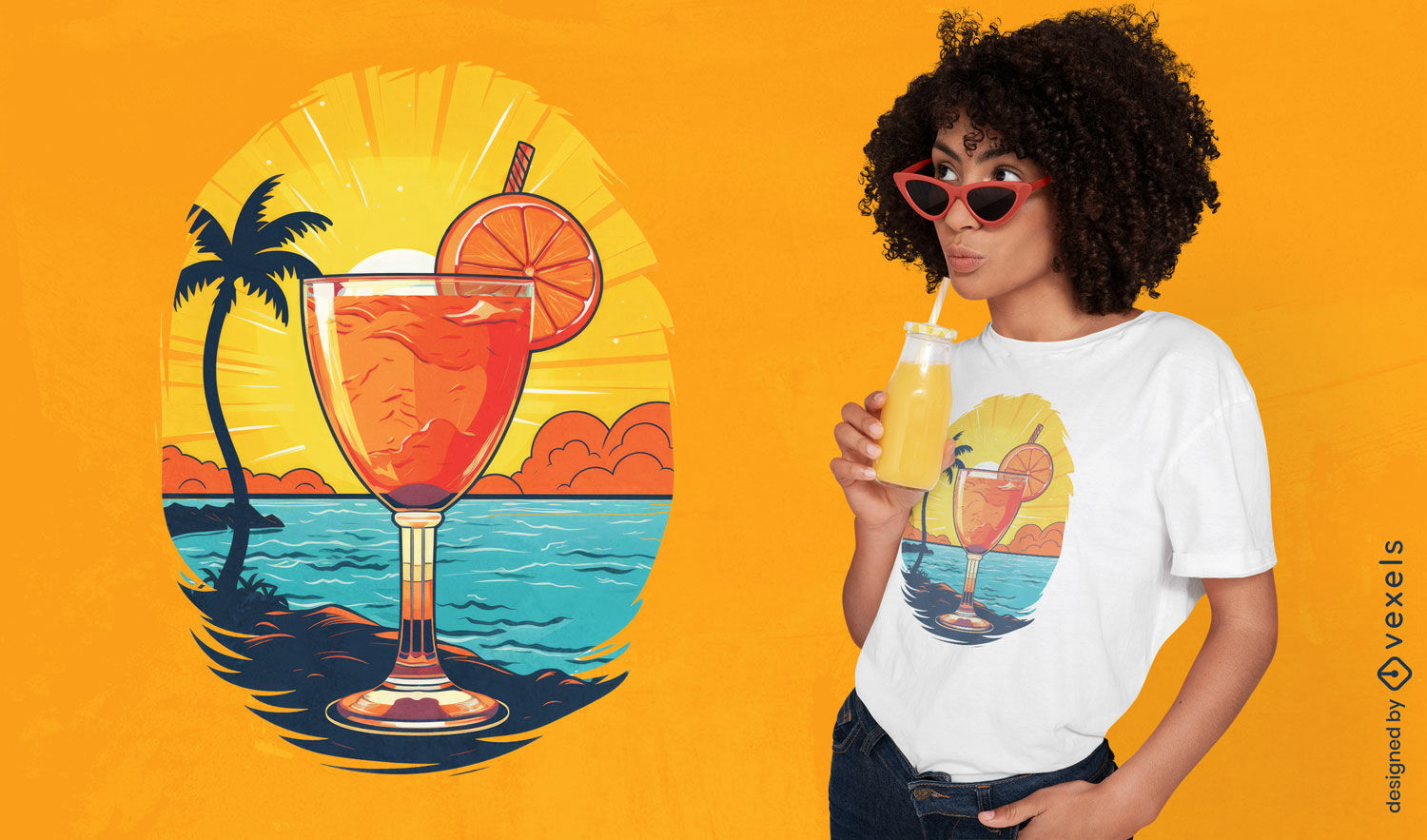 Bebida de coquetel no design de camiseta de praia