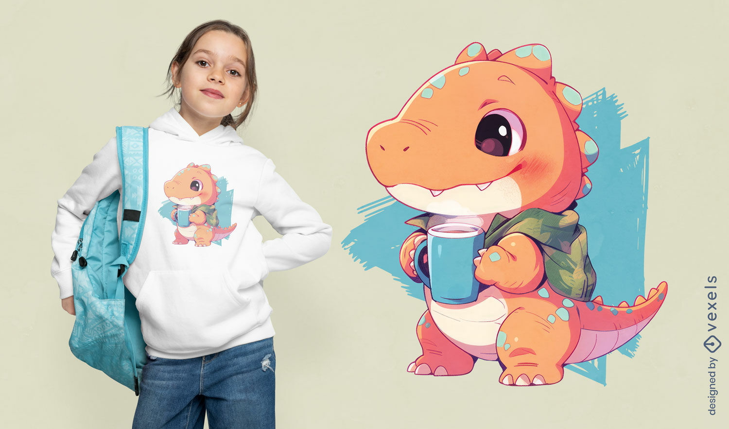 Cute dinosaur with coffee t-shirt design