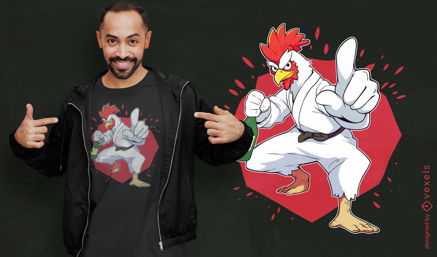 Pollo haciendo diseño de camiseta de animal de karate.