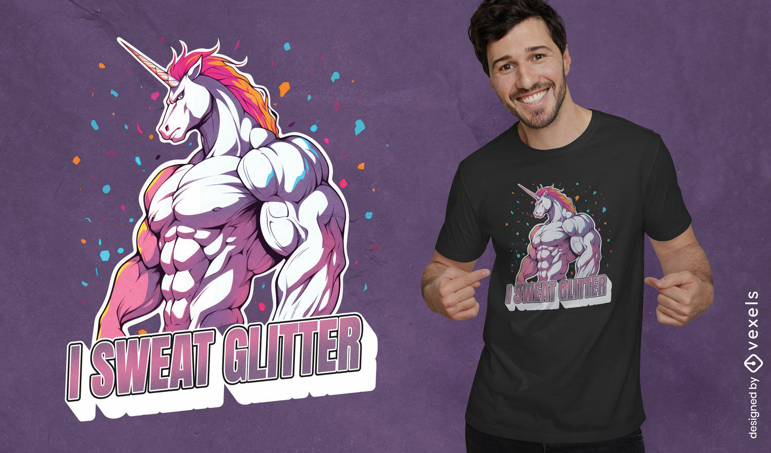 Unicórnio forte com design de camiseta de músculos