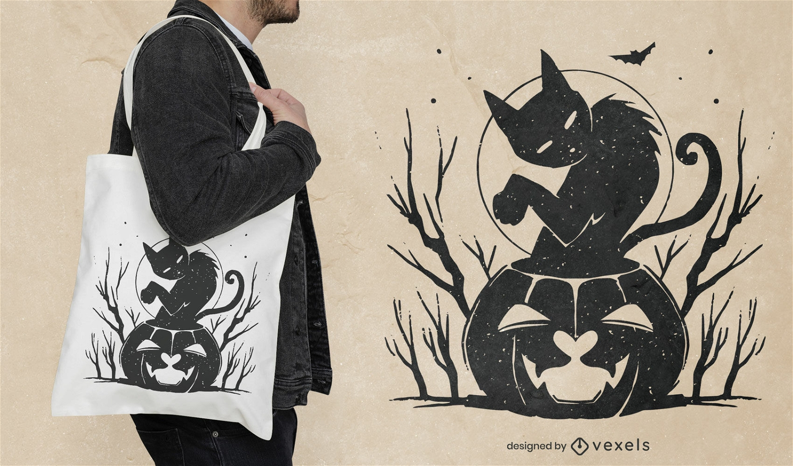Scary black cat halloween tote bag design