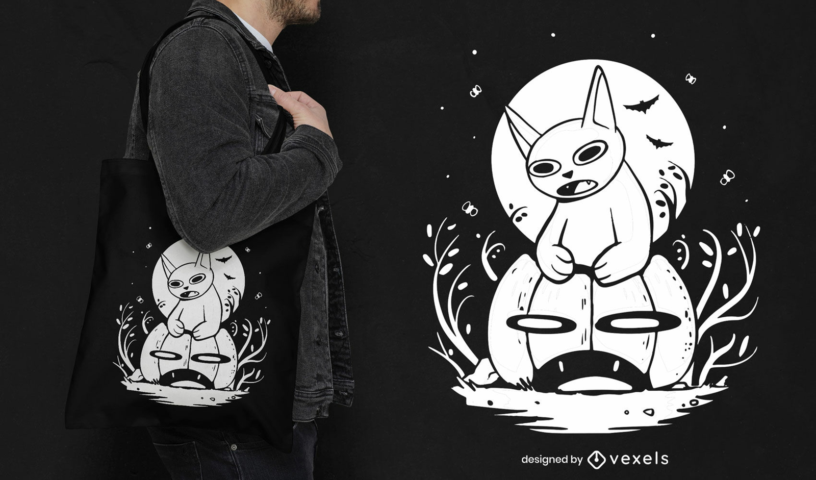 Diseño de bolsa de asas de halloween gato en jack o linterna