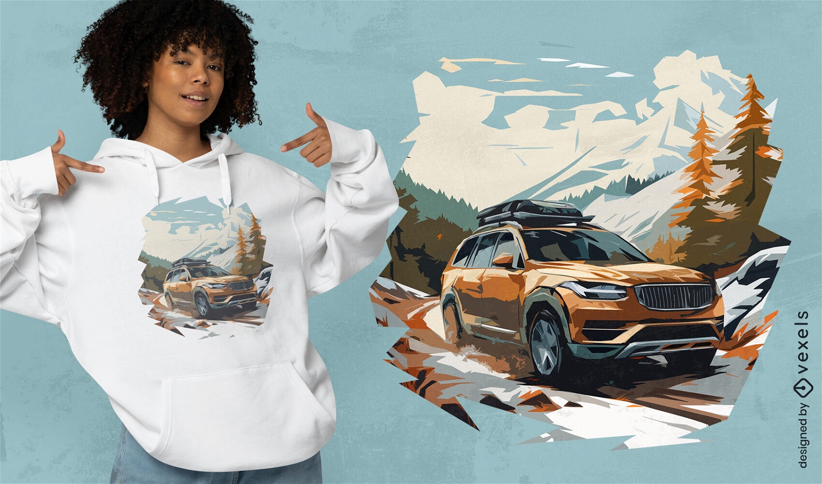 Autofahren im T-Shirt-Design mit Schneebergen