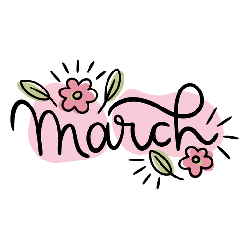Schwarzer Hintergrund mit rosa Blumen und dem Wort ?Marsch?. PNG-Design