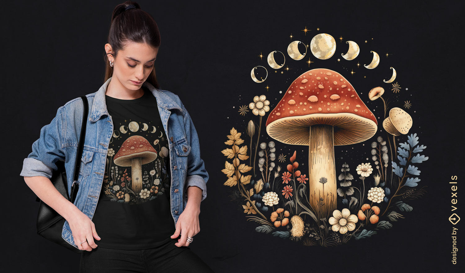 Design de camiseta com cogumelos e plantas mágicas