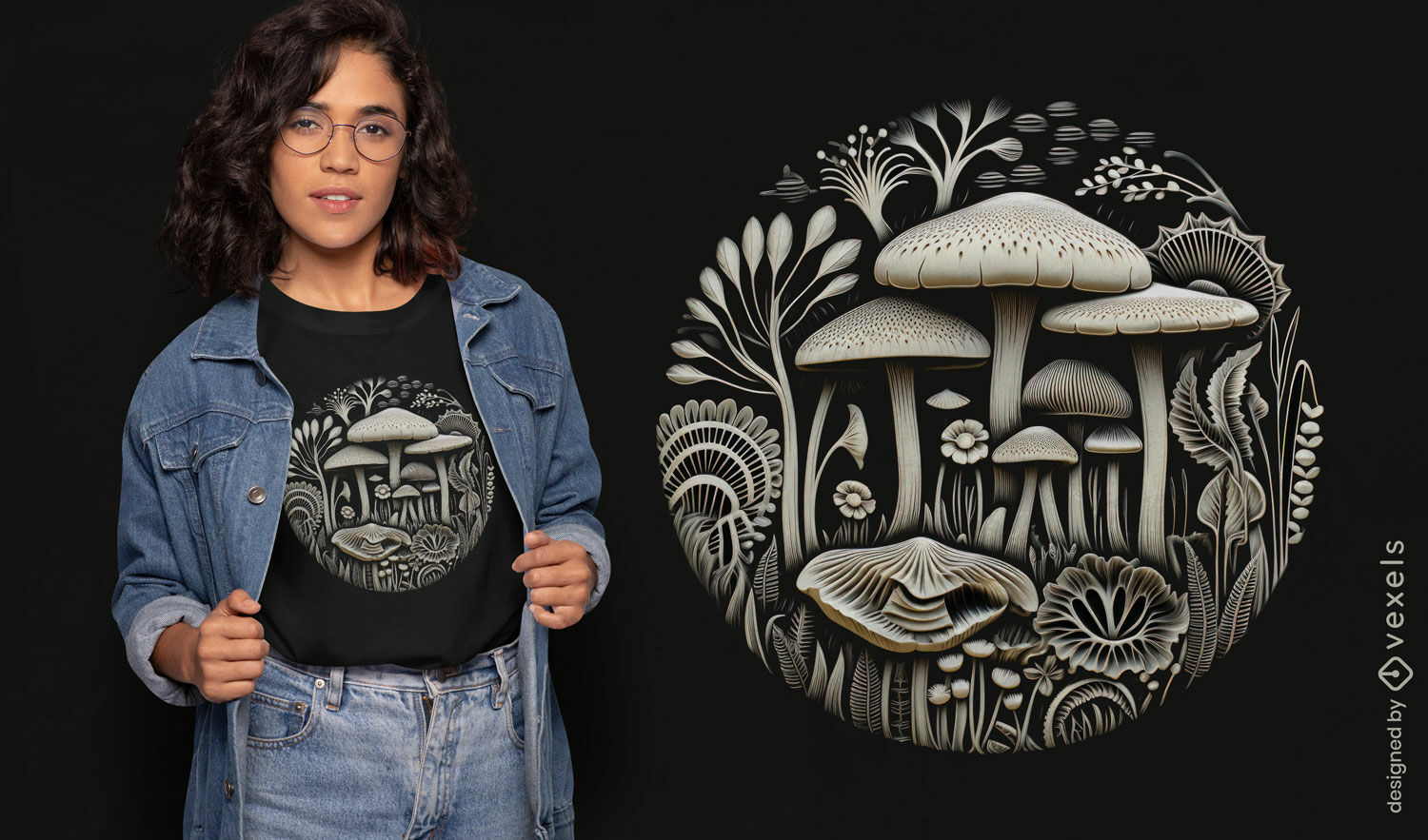 Diseño de camiseta de naturaleza de grabado de setas.