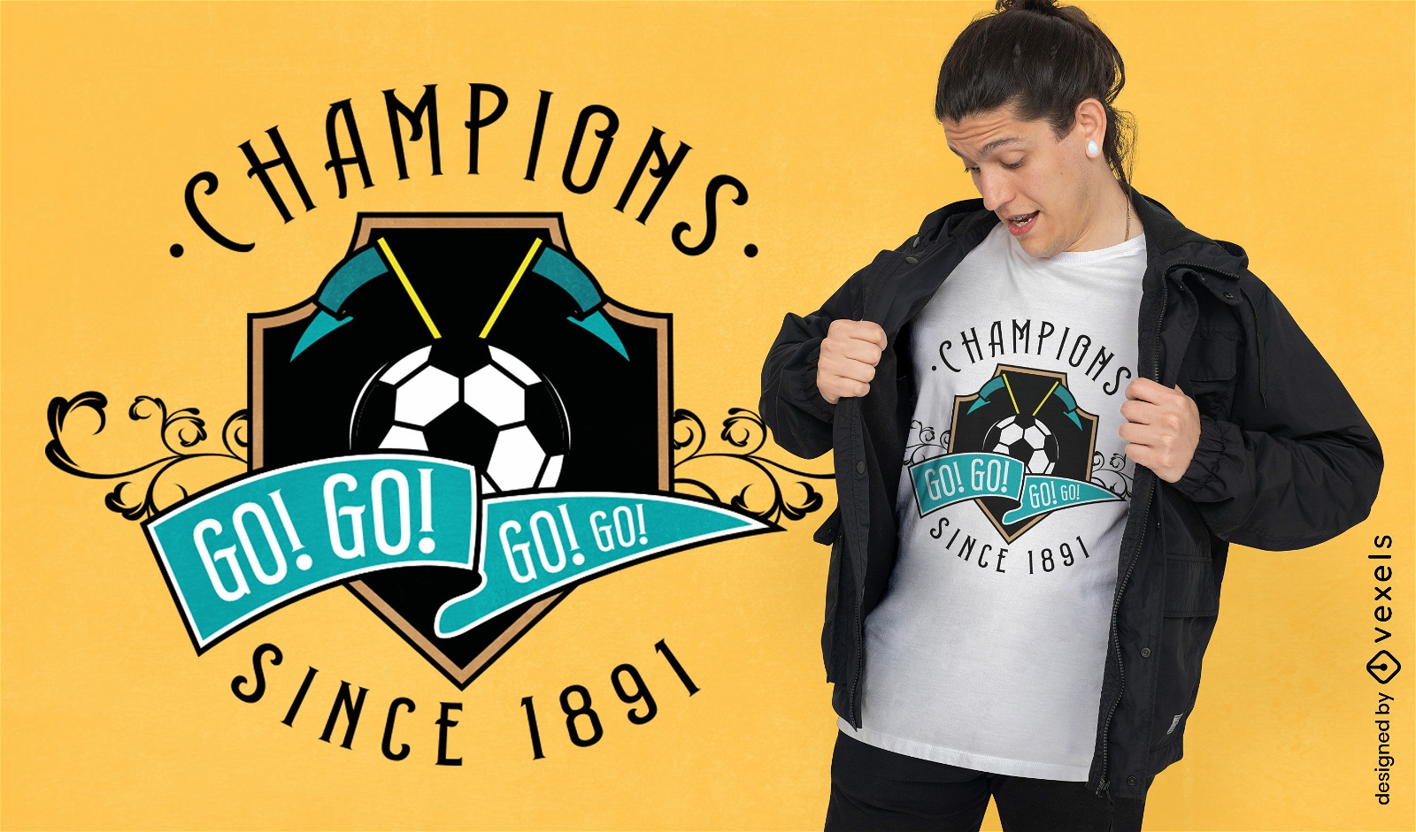 Design de camiseta com distintivo de futebol Go Champions