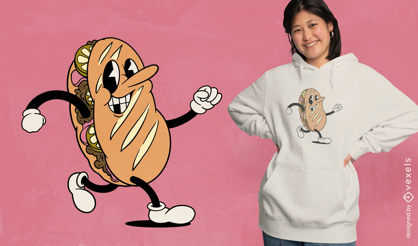 Diseño de camiseta de sándwich de dibujos animados retro.